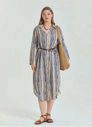 Patterned Shirt Collar Belt Detailed Beige Long Sleeve Plus Size Dress 4611